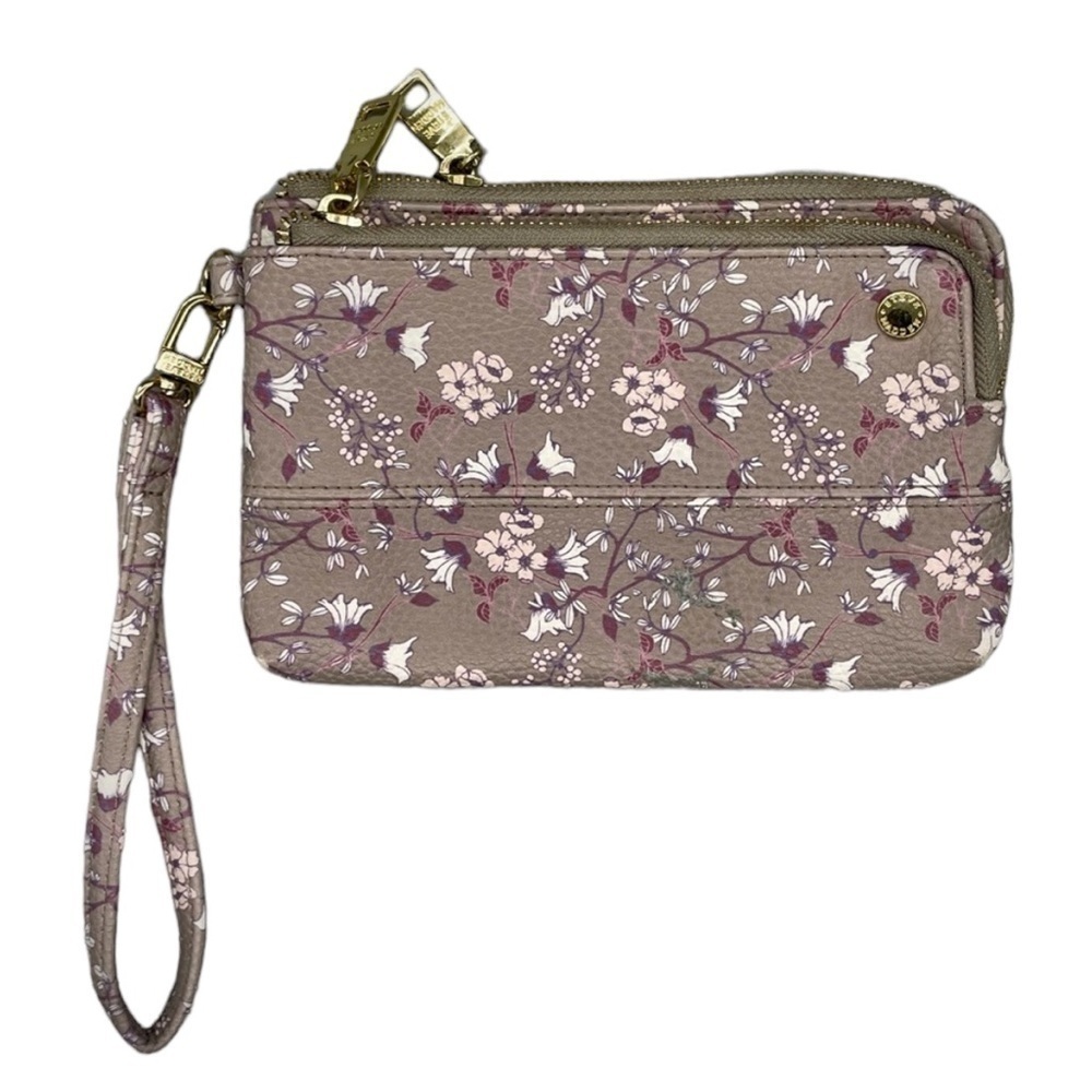 Steve Madden Wristlet floral gold zipper logo tan pink cottage garden cowgirl